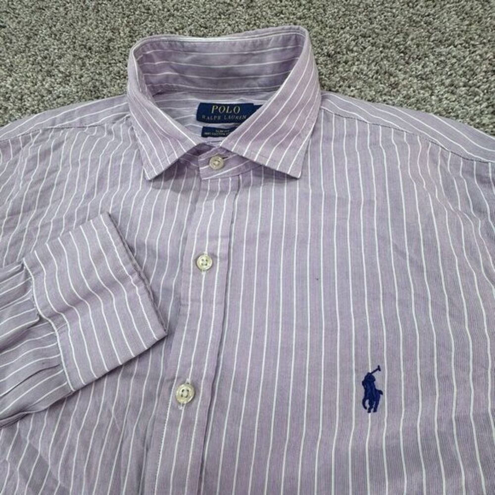 Ralph Lauren Men's‎ L Slim Fit Purple White Stripe Long Sleeve Button Down Shirt